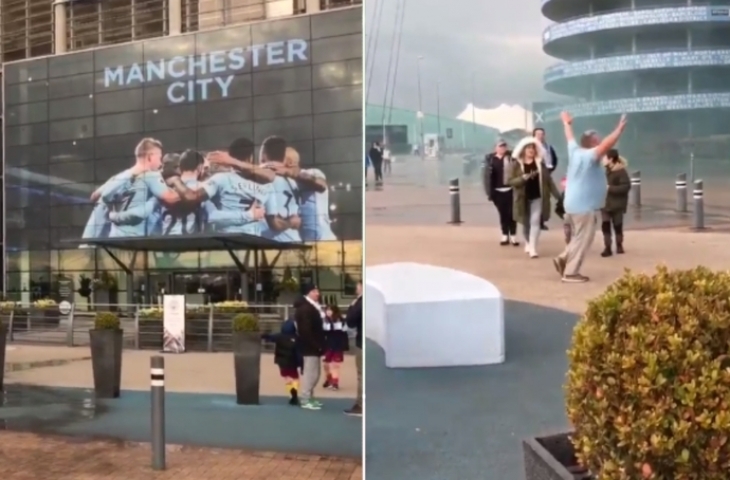 Suasana perayaan fan Manchester City di Stadion Etihad (sumber: Sportbible).