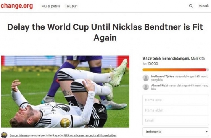 Petisi agar Piala Dunia 2018 ditunda karena Nicklas Bendtner cedera.  (Sumber: Change.org)