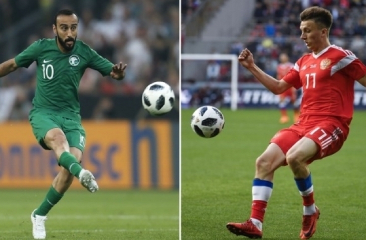 Kolase foto gelandang andalan Rusia Aleksandr Golovin (kanan) dan penyerang Arab Saudi Mohammad al-Sahlawi (Alexander NEMENOV, Leon KUEGELER / AFP)
