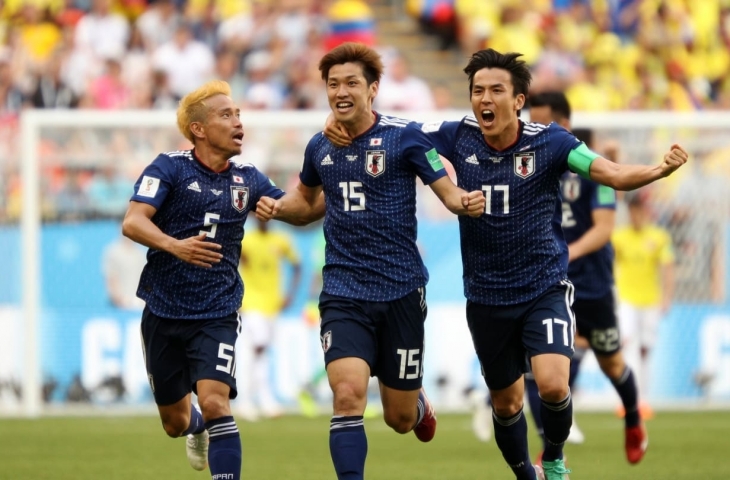 Selebrasi Timnas Jepang usai mampu menjebol gawang Kolombia di penyisihan Grup  H Piala Dunia 2018. Jepang menang 2-1 atas Kolombia di laga itu.