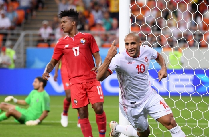 Aksi Wahbi Khazri membalik kedudukan menjadi 2-1 untuk keunggulan Tunisia.