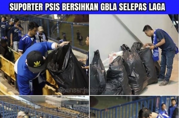 Beberapa suporter PSIS Semarang melakukan aksi bersih-bersih stadion usai laga. (Sumber: Instagram/pengamatsepakbola)