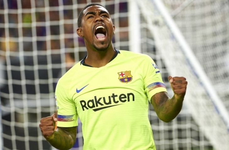 Malcom merayakan golnya ke gawang AS Roma (Cooper Neill/AFP)