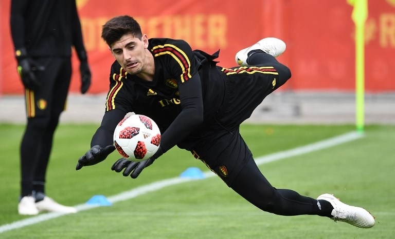 Thibatu Courtois saat sesi latihan Piala Dunia 2018 di Moskow (Franck Fife/AFP)