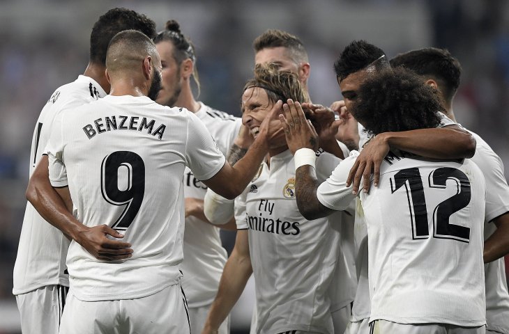 Pemain Real Madrid merayakan gol Karim Benzema ke gawan Leganes di Stadion Santiago Bernabeu (AFP)