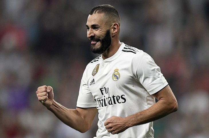 Pemain Real Madrid, Karim Benzema merayakan gol ke gawang Leganes di Stadion Santiago Bernabeu (AFP)