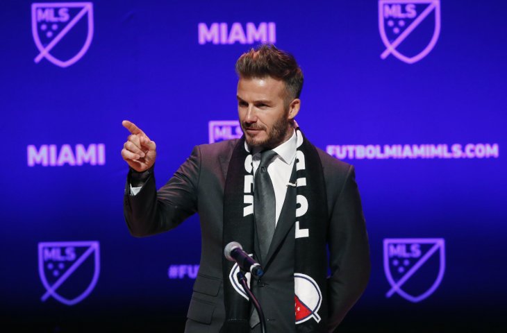 David Beckham saat mengumumkan akan membuat klub sepak bola di Miami (AFP)