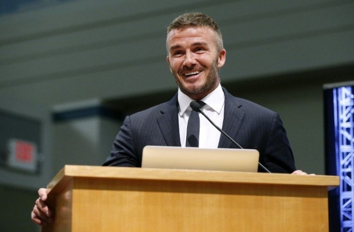 David Beckham berbicara mempresentasikan rencana membangun tim di Major League Soccer (MLS) di Miami, Florida. (Rhona Wise/AFP)