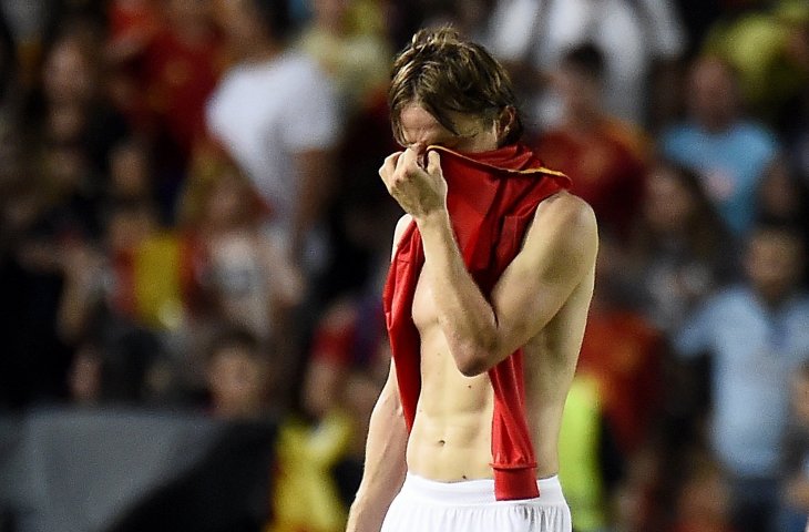 Ekspresi kapten timnas Kroasia, Luka Modric usai dikalahkan Spanyol dengan skor 0-6 di Stadion Manuel Martinez Valero, Elche pada ajang UEFA Nations League (AFP)