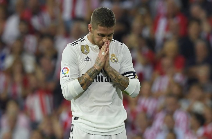 Reaksi pemain Real Madrid, Sergio Ramos saat ditahan imbang Athletic Bilbao (AFP)