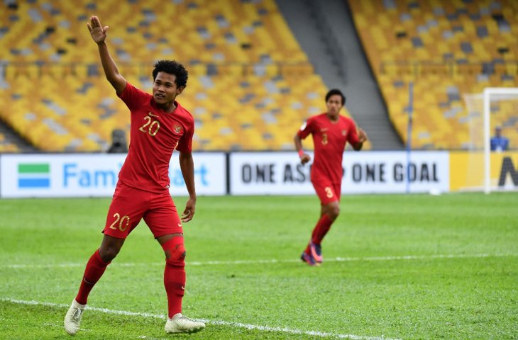 Pemain timnas Indonesia U-16 Amirudin Bagus Kahfi Alfikri melakukan selebrasi seusai mencetak gol ke gawang Iran pada laga Grup C Piala AFC U-16 2018 di Stadion Nasional Bukit Jalil, Malaysia, Jumat (21/9). Timnas Indonesia mening 2-0 atas Iran. (ANTARA FOTO/Media PSSI)