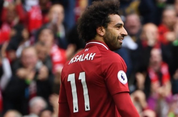 Mohamed Salah selebrasi usai mencetak gol ketiga untuk kemenangan Liverpool 3-0 atas Southampton pada pekan keenam Liga Primer Inggris. (Dok. Skysports/Galih)