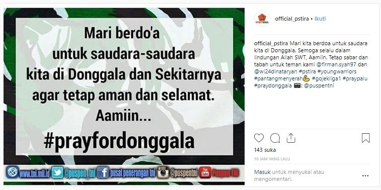 Doa untuk Palu. (Instagram/@official_pstira).