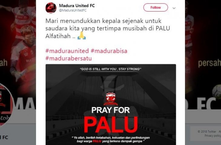 Doa untuk Palu. (Twitter/@Maduraunitedfc).