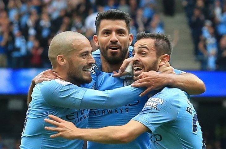 Pemain Manchester City, David Silva, Sergio Aguero, dan Bernando Silva (AFP)