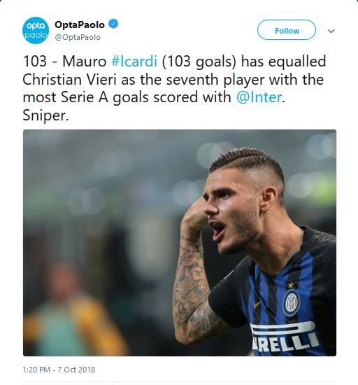 Torehan gol Mauro Icardi di Serie A (sumber: @OptaPaolo/Twitter)