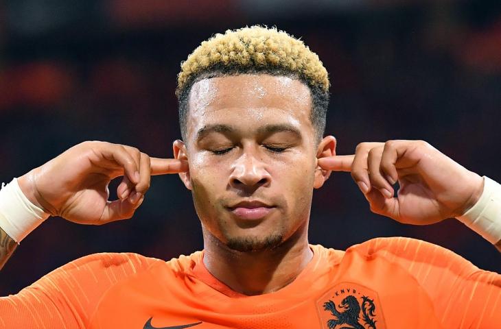 Selebrasi Pemain Timnas Belanda, Memphis Depay usai mencetak gol ke gawang Jerman (AFP)