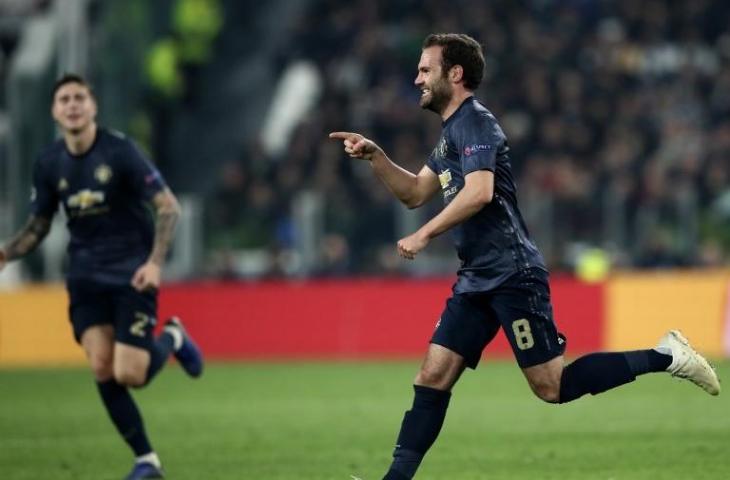 Reaksi Juan Mata setelah mencetak gol ke gawang Juventus pada 7 November 2018 (Isabella Bonotto/AFP)