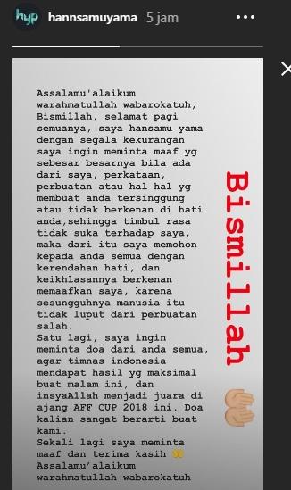 Insta Story Kapten Timnas Indonesia Hansamu Yama. [@hannsamuyama/Instagram]