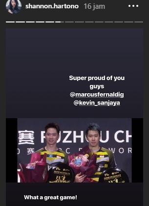 Pujian Shannon Hartono kepada pasangan Marcus/Kevin usai menang di Fuzhou China Open 2018. [@shannon.hartono/Instagram]