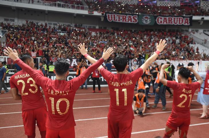 Sejumlah Pemain Timnas Indonesia berselebrasi usai mengalahkan Timor Leste dalam laga lanjutan Piala AFF 2018 di Stadion Utama Gelora Bung Karno, Jakarta, Selasa (13/11/2018). Indonesia menang dengan skor 3-1. (ANTARA FOTO/Akbar Nugroho Gumay)