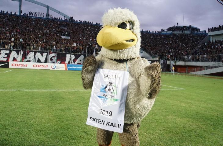 Maskot PSS Sleman, Falcao berfoto usai PSS Sleman dipastikan promosi ke Liga 1 2019 (Stephanus Aranditio/mxkd.sbs)