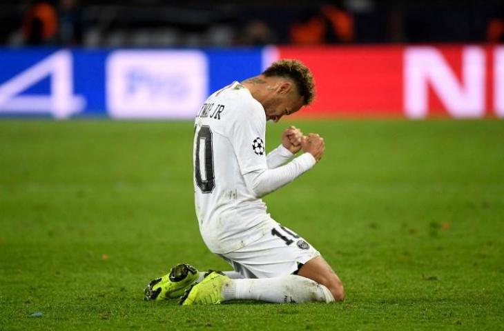 Reaksi Neymar usai menang dari Liverpool di matchday kelima Liga Champions pada 28 November 2018 (Betrand Guay/AFP)