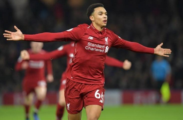 Selebrasi Trent Alexander-Arnold saat membobol gawang Watford di Liga Primer pada 24 November 2018 (Olly Greenwood/AFP)