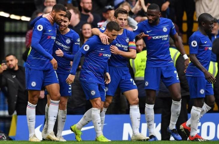 Selebrasi Chelsea usai menjebol gawang Fulham. (Ben Stansall/AFP).