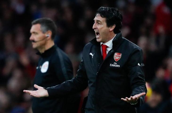 Reaksi pelatih Arsenal, Unai Emery saat laga melawan Tottenham Hotspur (Adrian Dennis/AFP)