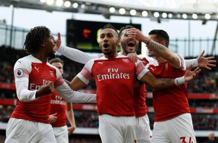 Selebrasi Pierre-Emerick Aubameyang saat mencetak gol ke gawang Tottenham Hotspur pada 2 Desember 2018 (Ian Kington/AFP)