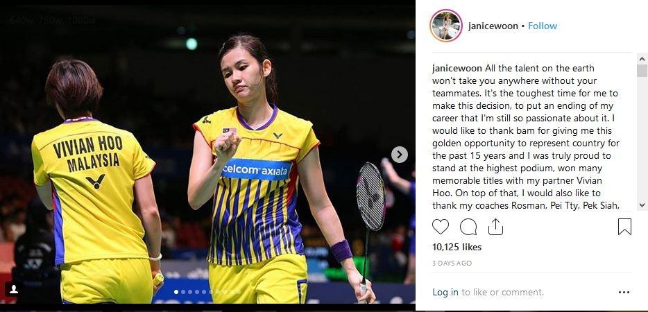 Pebulu tangkis Malaysia, Woon Khe Wei yang memilih pensiun karena cedera (@janicewoon/Instagram)