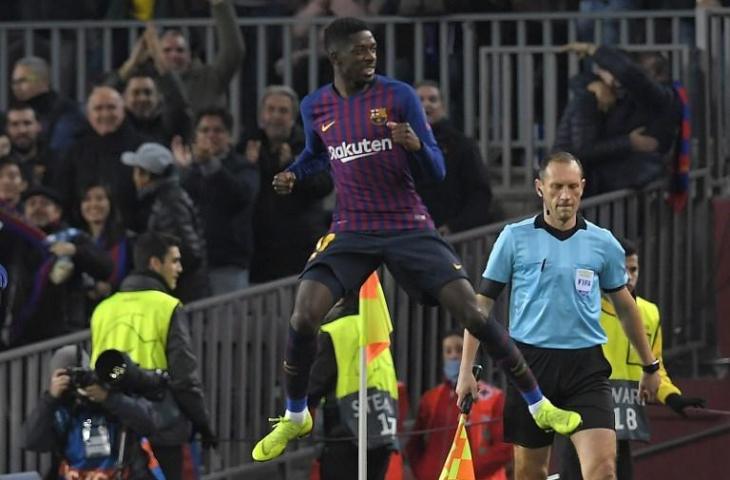 Selebrasi Ousmane Dembele saat mencetak gol ke gawang Tottenham Hotspur pada 11 Desember 2018 (Lluis Gene/AFP)