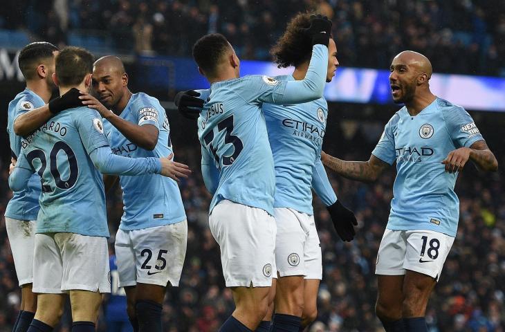 Pemain Manchester City merayakan gol ke gawang Everton (AFP)