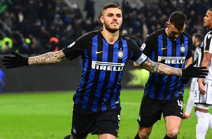 Pemain Inter Milan, Mauro Icardi berselebrasi usai mencetak gol ke gawang Udinese pada pekan ke-16 Serie A di Stadion Giuseppe Meazza, Sabtu (15/12/2018)