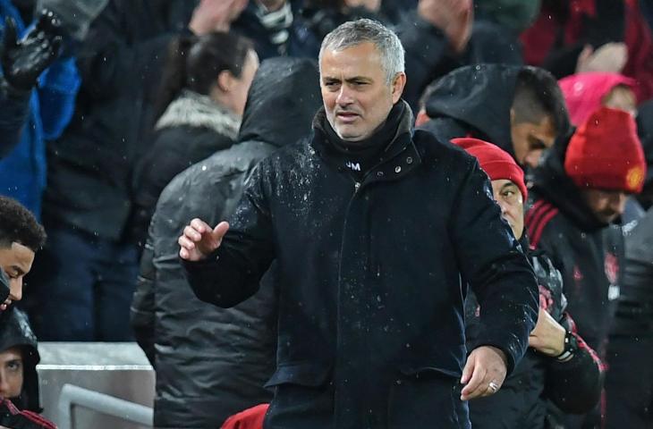 Ekspresi Jose Mourinho saat Manchester United dikalahkan Liverpool 1-3 di Stadion Anfield (AFP)