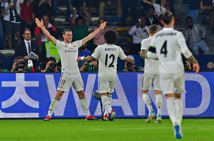 Gareth Bale saat merayakan golnya ke gawang Kashima Antlers pada 19 Desember 2018 (Giuseppe Cacace/AFP)