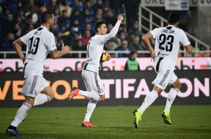 Selebrasi Cristiano Ronaldo saat mencetak gol ke gawang Atalanta pada 26 Desember 2018 (Marco Bertorello/AFP)