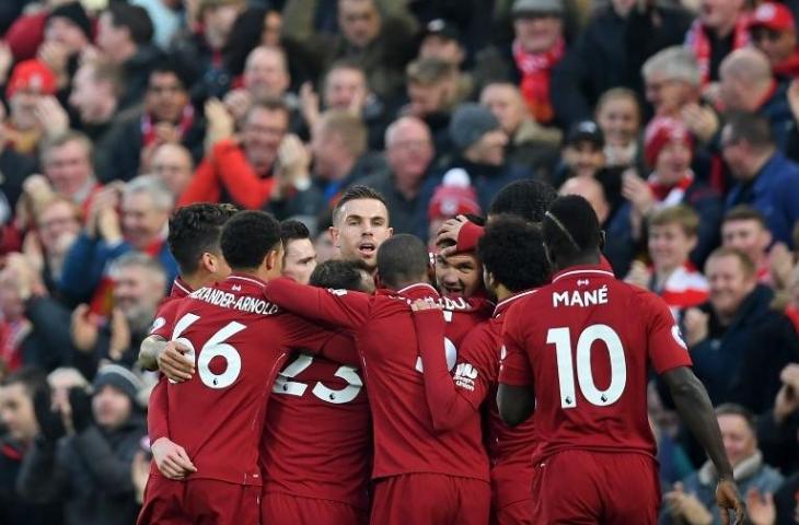 Para pemain Liverpool merayakan gol Dejan Lovren ke gawang Newcastle United pada 26 Desember 2018 (Paul Ellis/AFP)