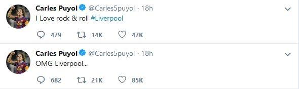 Cuitan kekaguman Carles Puyol terhadap permainan Liverpool di Twitter (twitter.com/carles5puyol)