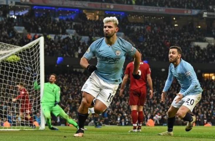 Selebrasi Sergio Aguero setelah ciptakan gol ke gawang Liverpool, Jumat (Jumat (04/01/2019). (PAUL ELLIS / AFP)