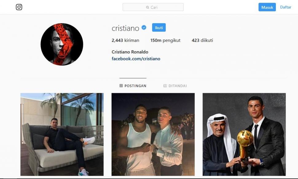 Jumlah pengikut Cristiano Ronaldo di Instagram berjumlah 150 pengikut (instagram.com/cristiano)