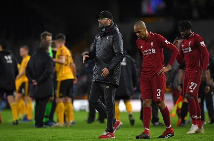 Liverpool usai menelan kekalahan atas Wolves di Piala FA 2018/2019. (Paul Ellis/AFP).