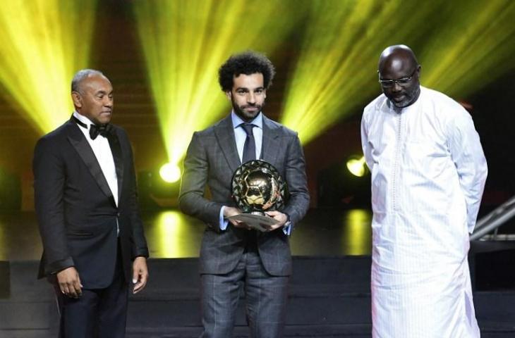 Mohamed Salah saat dinobatkan sebagai pemain terbaik Afrika tahun 2018 oleh Konfederasi Sepak Bola Afrika (CAF) pada 8 Januari 2019 (Seyllou/AFP)