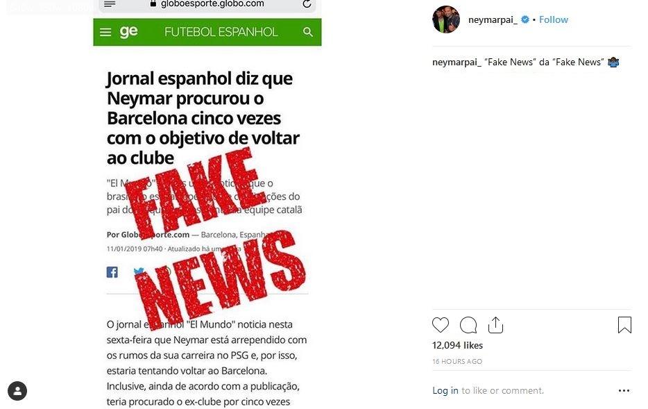 Pemberitaan yang disebut berita palsu oleh ayah Neymar (instagram.com/neymarpai_)