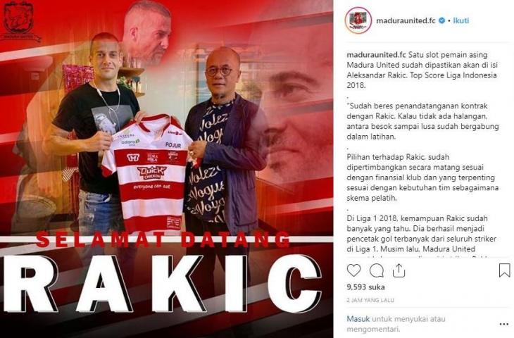 Madura United resmi mendapatkan top skor Liga 1 2018, Aleksandar Rakic dari PS TIRA. (Instagram/maduraunited.fc)