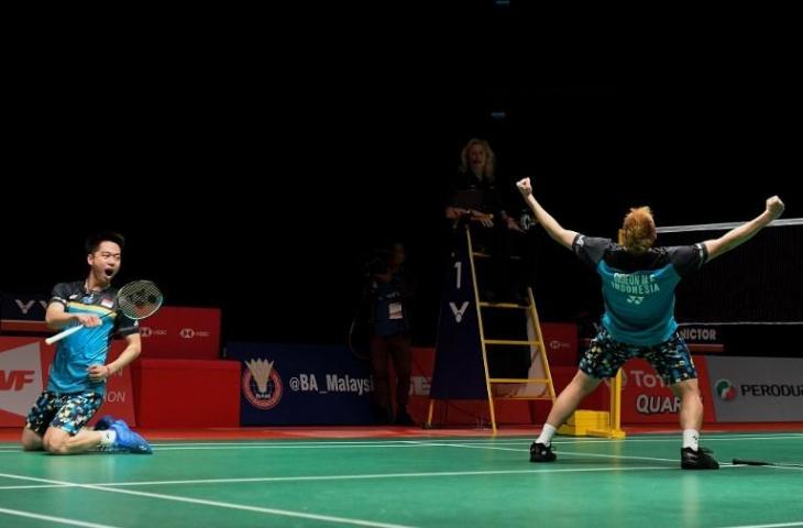 Pasangan ganda putra Indonesia Kevin Sanjaya Sukamuljo dan Marcus Fernaldi Gideon keluar sebagai juara Malaysia Masters 2019 usai menaklukan wakil Malaysia di partai final. [SADIQ ASYRAF / AFP]