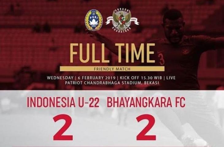 Laga uji coba antara Timnas Indonesia U-22 kontra Bhayangkara FC berakhir imbang dengan skor 2-2. (Instagram/pssi__fai)