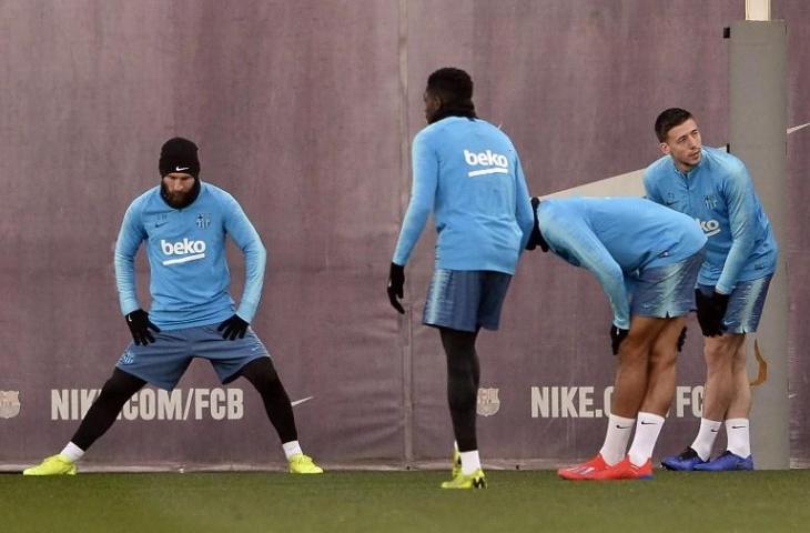 Lionel Messi  saat berlatih bersama rekan satu timnya pada 5 Februari 2019 (Josep Lago/AFP)