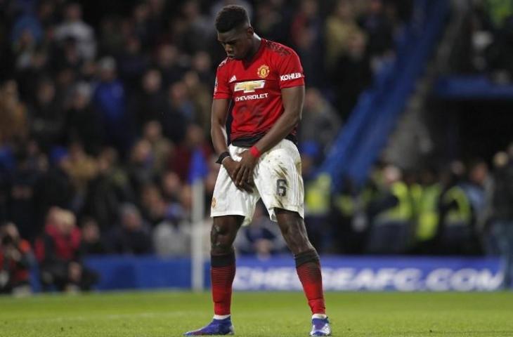 Selebrasi Paul Pogba saat mencetak gol ke gawang Chelsea pada 18 Februari 2019. (Adrian Dennis/AFP)